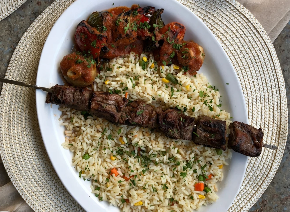 Shish kabab dinner with rice at Golden Pita in Ancaster, Hamilton