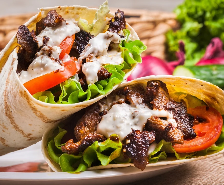 Beef shawarma wraps with fresh vegetables at Golden Pita on Wilson Street West, Ancaster